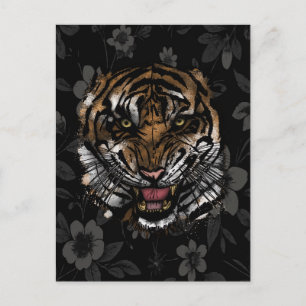Vild Tiger Ansikte Vit Blommig Gotisk Estetik Vykort