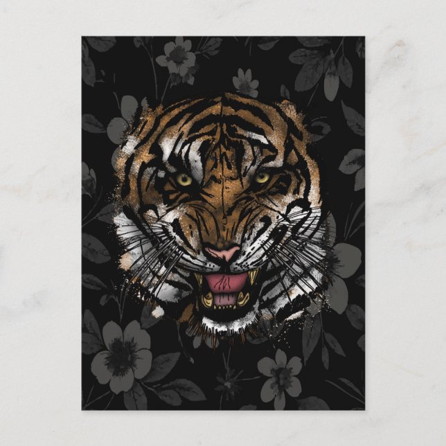 Vild Tiger Ansikte Vit Blommig Gotisk Estetik Vykort (Framsida)