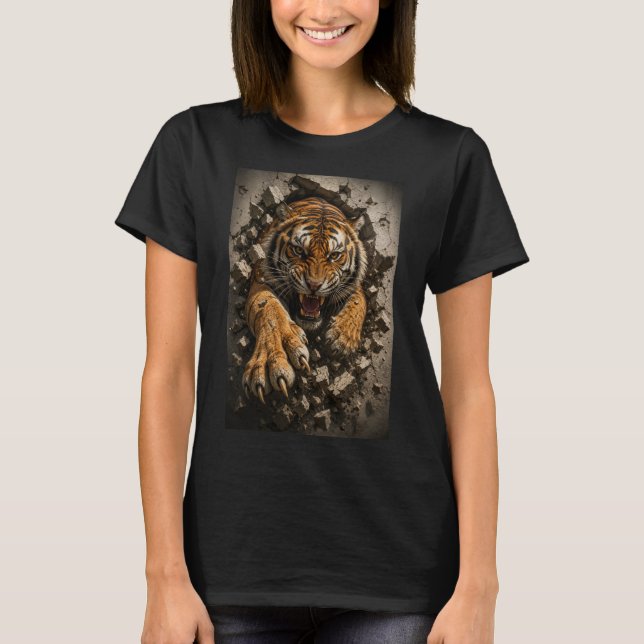 Vild Tiger Bryter Genom Vägg T Shirt (Framsida)