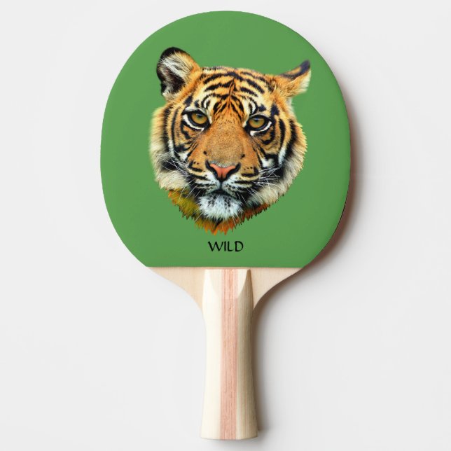Vild tiger djur ansikte på grön pingisracket (Framsidan)
