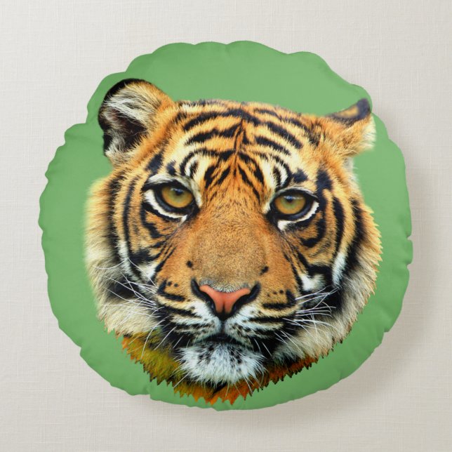 Vild tiger djur ansikte på grönt rund kudde (Framsidan)
