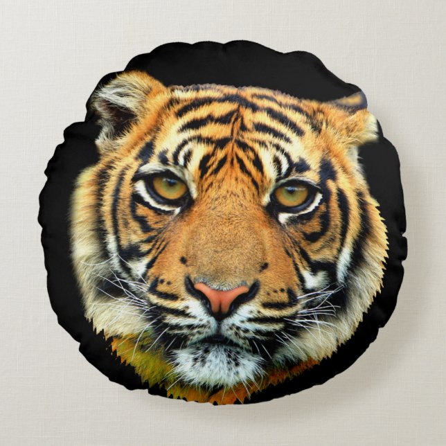 Vild tiger djur ansikte på svart rund kudde (Framsidan)