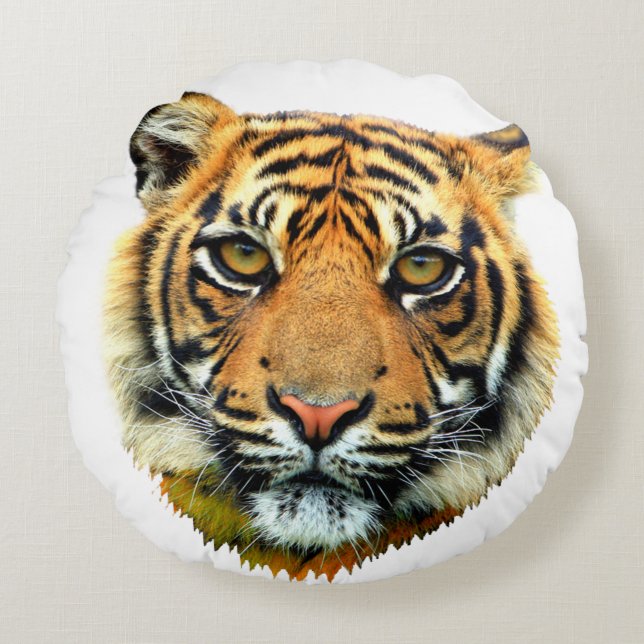Vild tiger djur ansikte på vit rund kudde (Framsidan)
