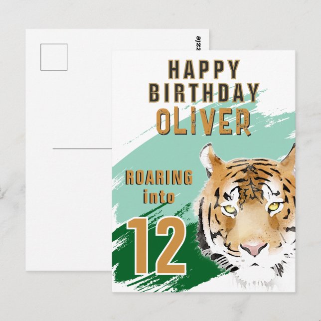 Vild Tiger Huvud Akvarell Födelsedag  Vykort (Fram/baksida)