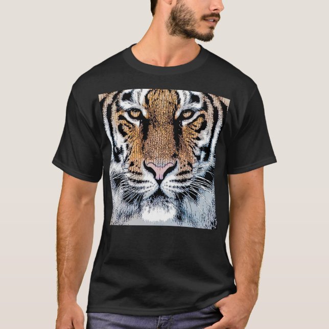 Vild Tiger Porträtt Graphic Press Stil Tee Shirt (Framsida)