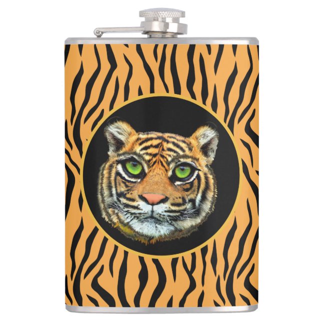 Vild tigeransikte på kolv med tigerhudsmönster fickplunta (Framsidan)