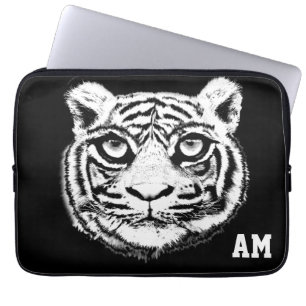 Vild tigeransikte på svart monogrammerad laptopsle laptop fodral