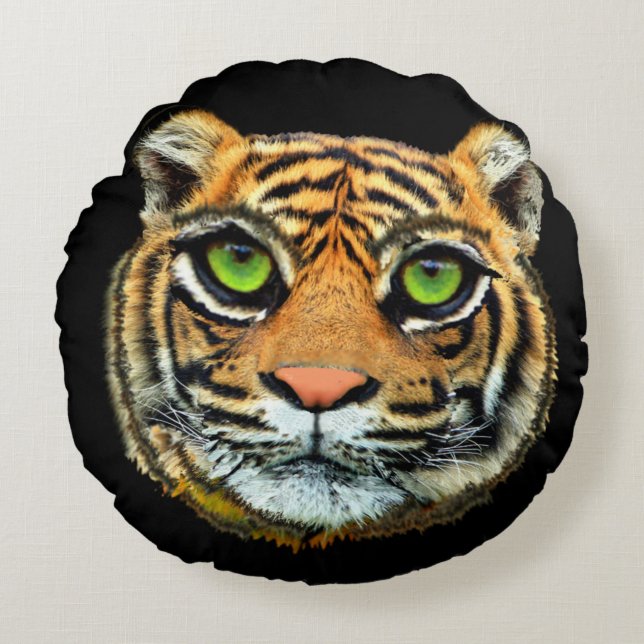 Vild tigeransikte på svart rund kudde (Framsidan)