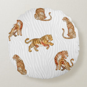 Vild Tigers: Watercolor Animal Mönster. Rund Kudde