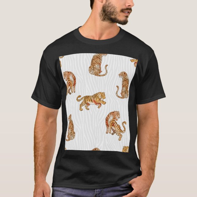 Vild Tigers: Watercolor Animal Mönster. T Shirt (Framsida)
