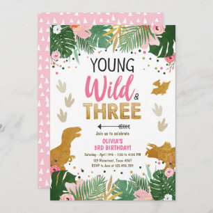 Vild Tre Dino Party Flickans Rosa Dinosaur Birthda Inbjudningar