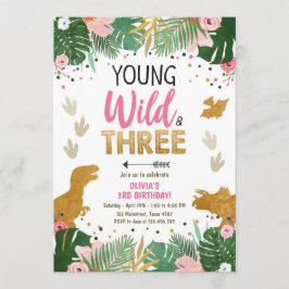 Vild Tre Dino Party Girl Rosa Dinosaur Birthday Inbjudningar