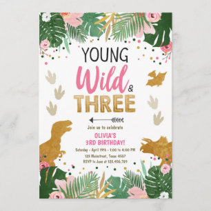 Vild Tre Dino Party Girl Rosa Dinosaur Birthday Inbjudningar