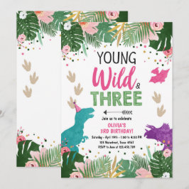 Vild Tre Dino Party Girl Rosa Dinosaur Birthday Inbjudningar