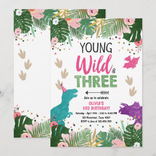 Vild Tre Dino Party Girl Rosa Dinosaur Birthday Inbjudningar