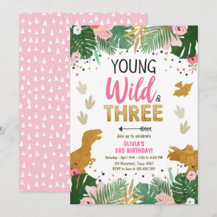 Vild Tre Dino Party Girl Rosa Dinosaur Birthday Inbjudningar