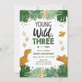 Vild Tre Dino-Party Pojken Guld Dinosaur-födelseda Inbjudningar