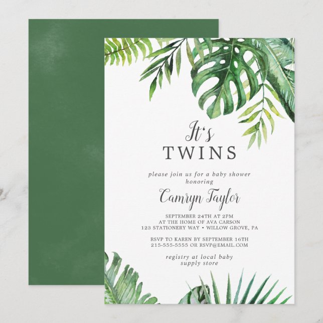 Vild Tropical Det är Twillingar Baby Shower-inbjud Inbjudningar (Fram/baksida)