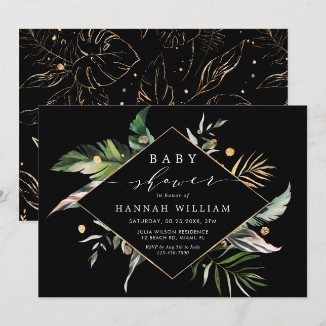Vild Tropical Foliage Black Baby Shower Inbjudningar (Fram/baksida)