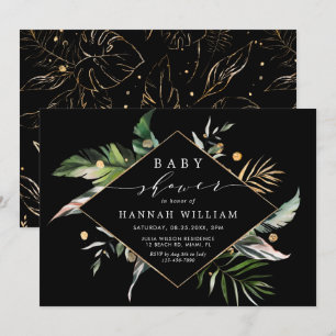 Vild Tropical Foliage Black Baby Shower Inbjudningar