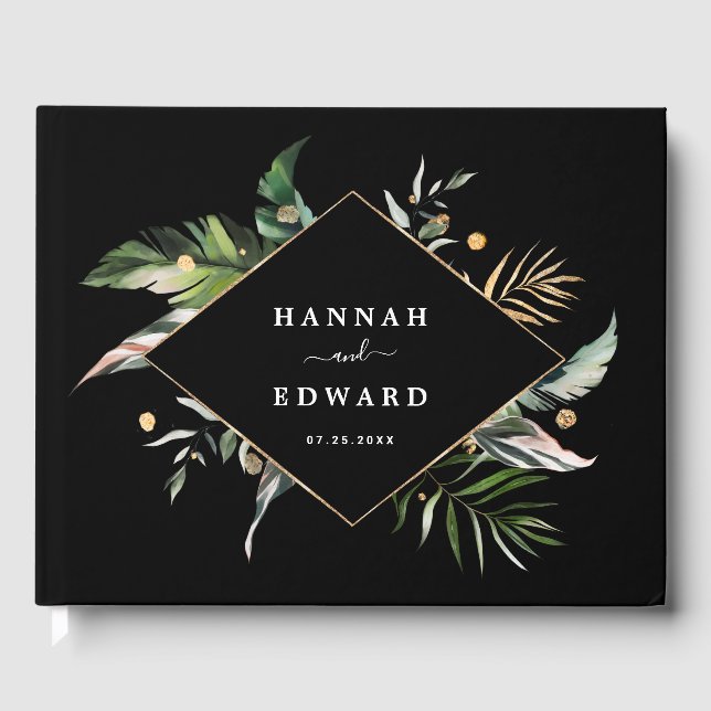 Vild Tropical Foliage Bröllop Black Gästböcker (Framsida)