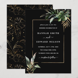 Vild Tropical Foliage Watercolor Bröllop Black Inbjudningar