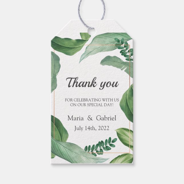 Vild Tropical Greenery. Bröllop Tack Presentetikett (Framsidan)