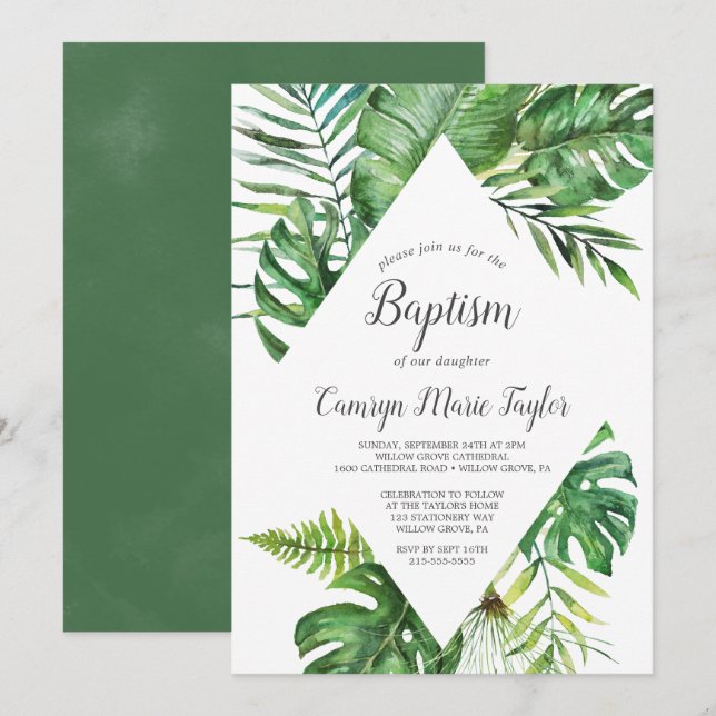 Vild Tropical Handflatan Baptism Inbjudningar (Fram/baksida)