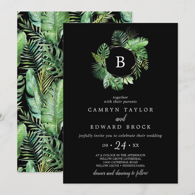 Vild Tropical Handflatan | Black Monogram Bröllop Inbjudningar (Fram/baksida)