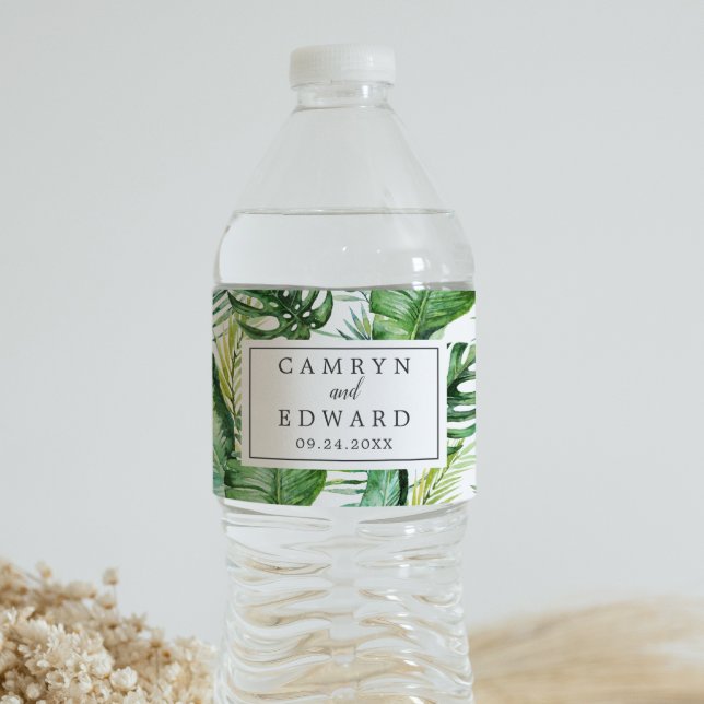 Vild Tropical Handflatan Bröllop Vattenflaskor Etikett (Skapare uppladdad)