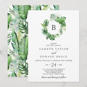 Vild Tropical Handflatan Monogram Bröllop Inbjudningar