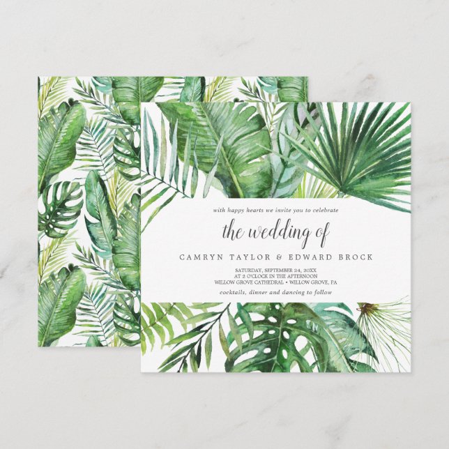 Vild Tropical Handflatan | Mönster Bröllop på kvad Inbjudningar (Fram/baksida)