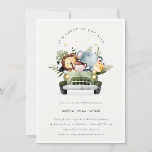 Vild Tropical Jungle Animals in Car Baby Shower Inbjudningar