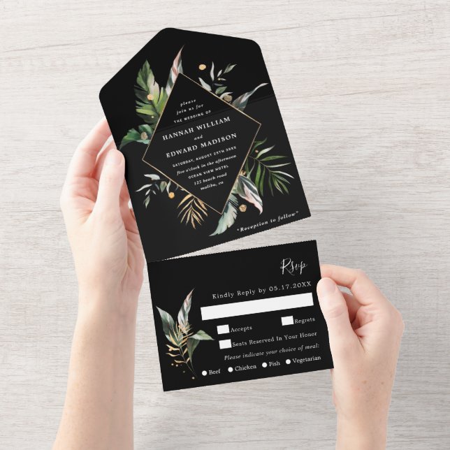 Vild Tropical Watercolor Foliage Black Bröllop (Avrivbar del)
