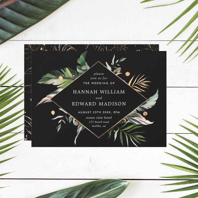 Vild Tropical Watercolor Foliage Black Bröllop Inbjudningar (Skapare uppladdad)