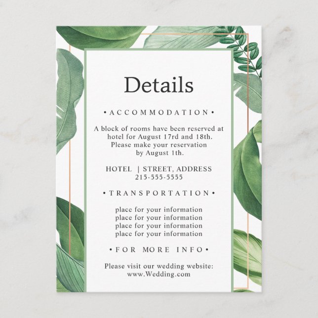 Vild Tropiskt. Uppgifter om Luxury Bröllop Tilläggskort (Framsida)