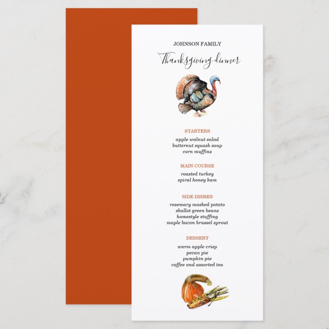 Vild Turkiets Thanksgiving middag-meny Meny (Fram/baksida)