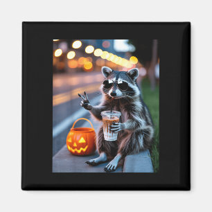 Vild tvättbjörn dricker iskaffe halloween magnet