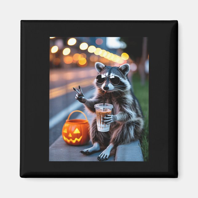 Vild tvättbjörn dricker iskaffe halloween magnet (Framsidan)
