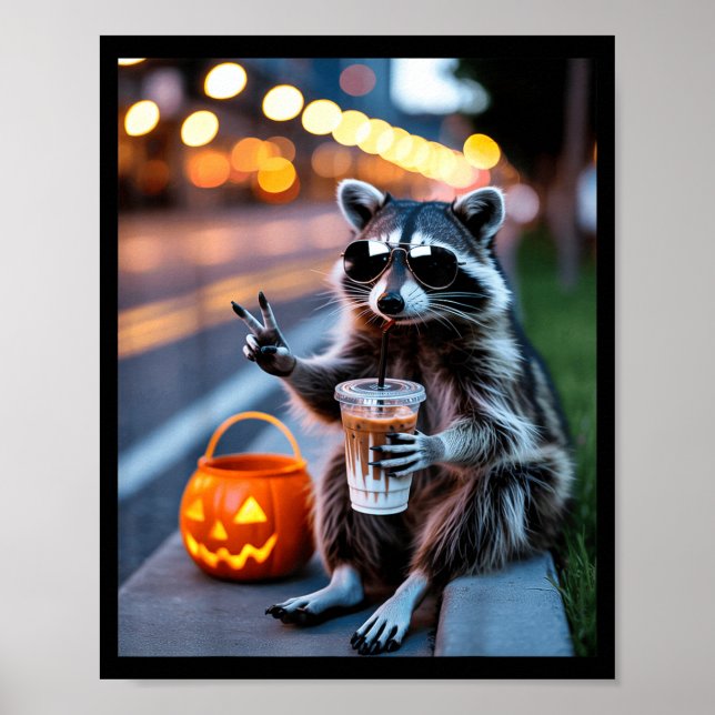 Vild tvättbjörn dricker iskaffe halloween poster (Framsidan)