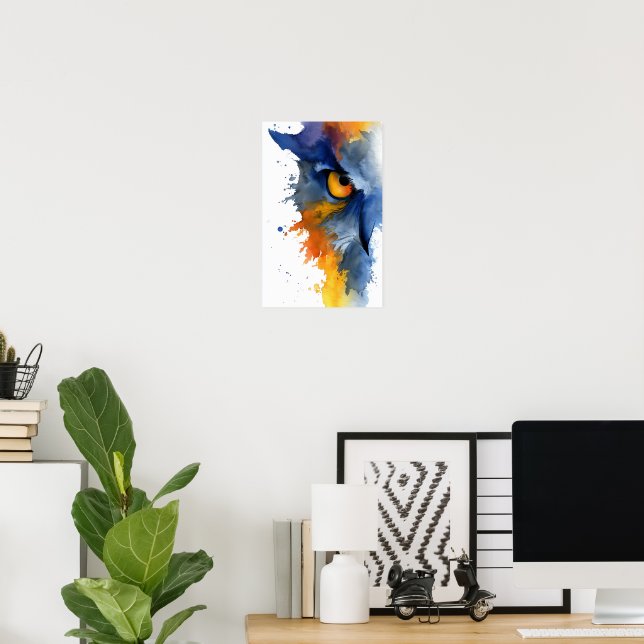 Vild vattenfärg ugla i blått och orange poster (Hemmakontoret)