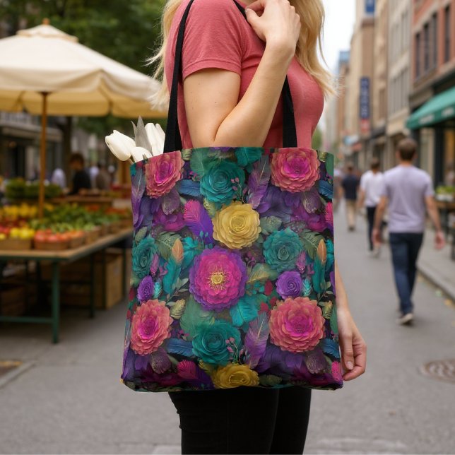 Vild Vibrant Blommigt Blooms och Feathers Tote Tygkasse (Skapare uppladdad)