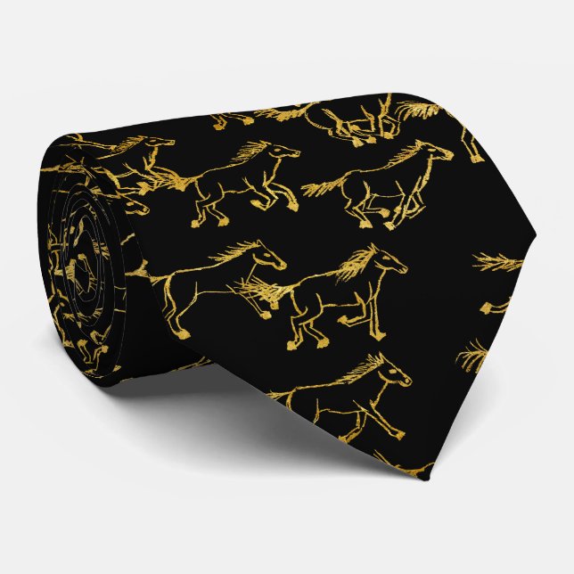 Vild Vild Horses Black och Guld Neck Tie Slips (Rullad)