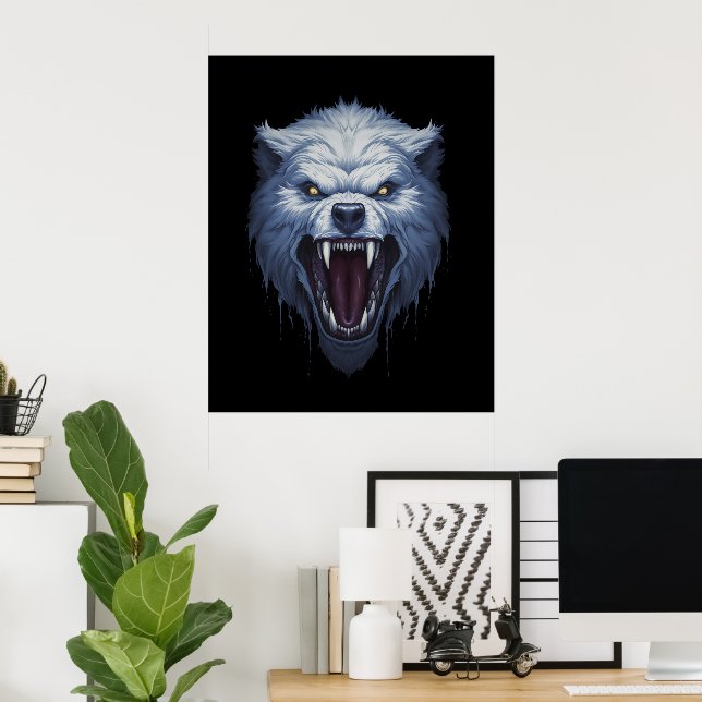 Vild vit varghuvud mörk fantasy illustration poster (Hemmakontoret)