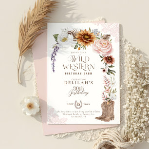 Vild Western Birthday Watercolor Blommigt Cowgirl Inbjudningar