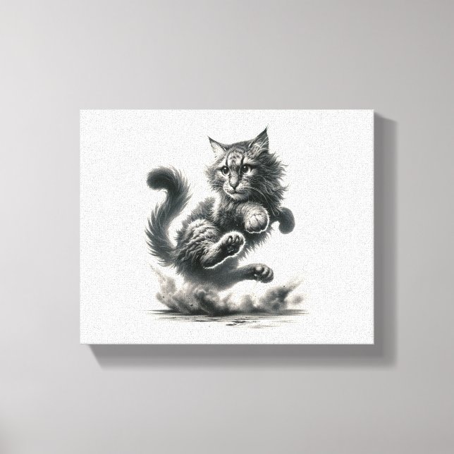 Vild Whisky Leap - Black & White Cat Art Print Canvastryck (Framsida)