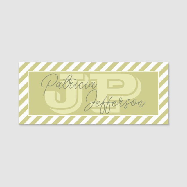 Vild Willow Yellowish Grönt Vitstripe Monogram Namnbricka (Framsida)