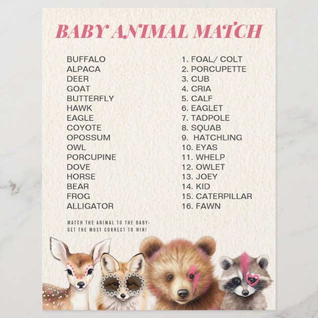 Vild Woodland Animals Baby Shower Match Game (Framsida)