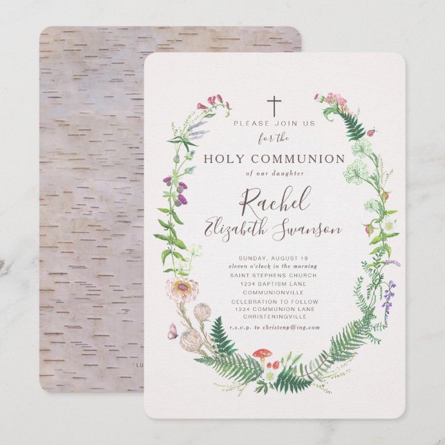 Vild Woodland Flowers Communion Call Inbjudningar (Fram/baksida)