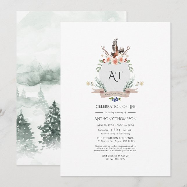 Vild Woodland Laurel Vapensköld Firande of Life In Inbjudningar (Fram/baksida)